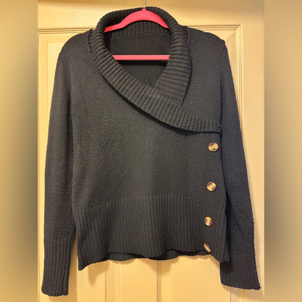 SHEIN Black Shawl Collar Sweater with Tortoiseshell Buttons